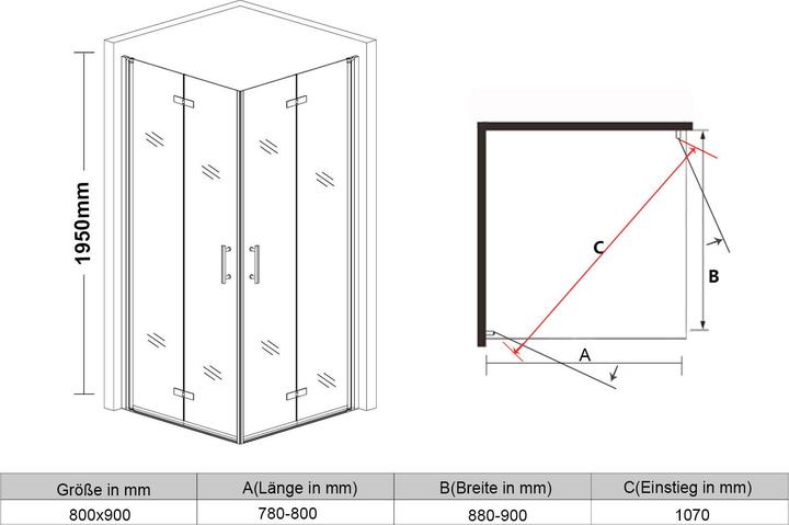 Immagine prodotto SONNI Cabina doccia ad angolo con porta a battente senza telaio 195cm 80x80cm (195 cm, 120 cm, 195 cm)
