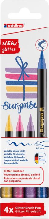 Actual product image Edding 1340 glitter brush pen set of 4 assorted (Blue glitter, purple glitter and ochre yellow glitter, Pink Glitter, 4 x)
