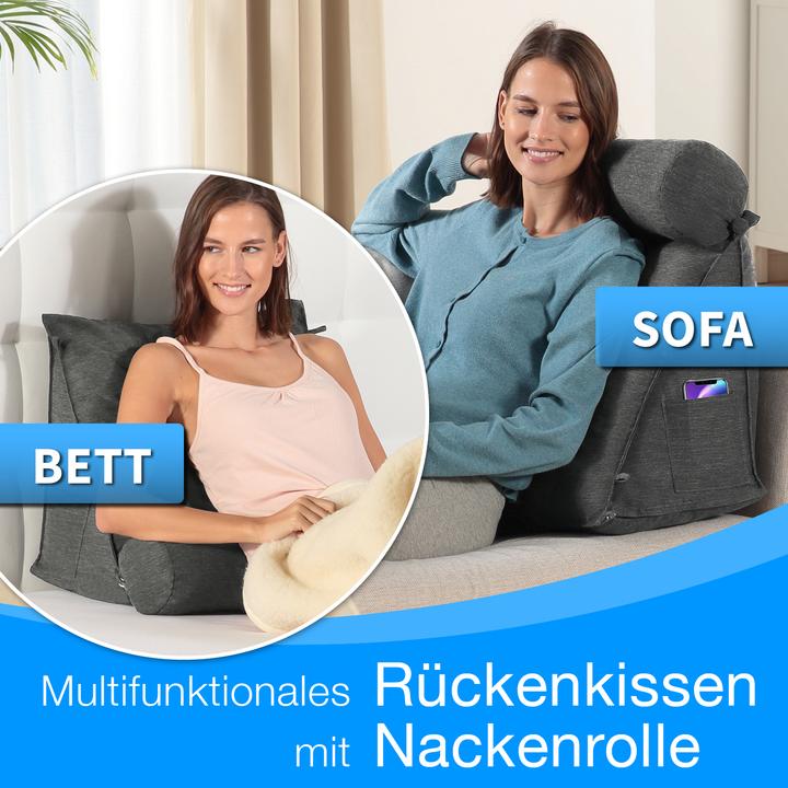 Produktbild Aktivshop Rückenkissen Bett/Sofa mit Abnehmbarer Nackenrolle und Seitentasche, Rückenstützkissen mit (55 x 50 x 30 cm)