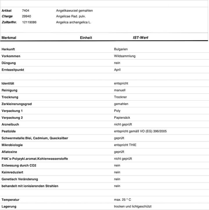 Valeurs nutritives et ingrédients Zimmerli Adaptogene Angélique en gélules 50 gélules (1 pièce(s), Capsules, 25 g)