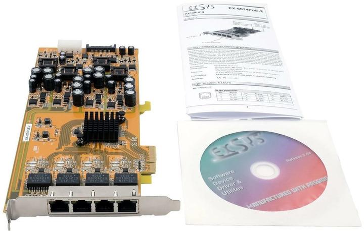 Produktbild Exsys PCI-EXPRESS Quad Ethernet Karte 4xG. 4xGigabit Ports,unterstützt mit PoE (PCI-E x1)