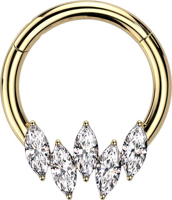 Star Piercing Micro Segmentring klappbar vergoldet fünf Ovale Kristalle silber (ohne Messing, Chirurgenstahl 316L)