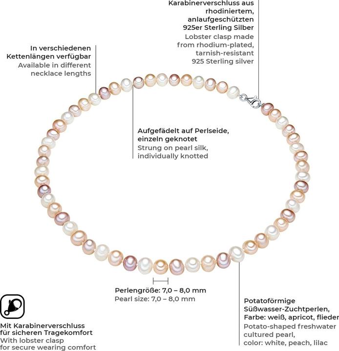 Produktbild Valero Pearls Damen Sterling Silber Süsswasser-Zuchtperle Multicolor - 3832 (Sterling Silber, 40 cm)