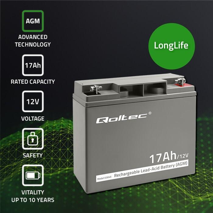 Produktbild Qoltec 53046 AGM Batterie | 12V | 17Ah | max. 255A (12 V, 17 Ah)