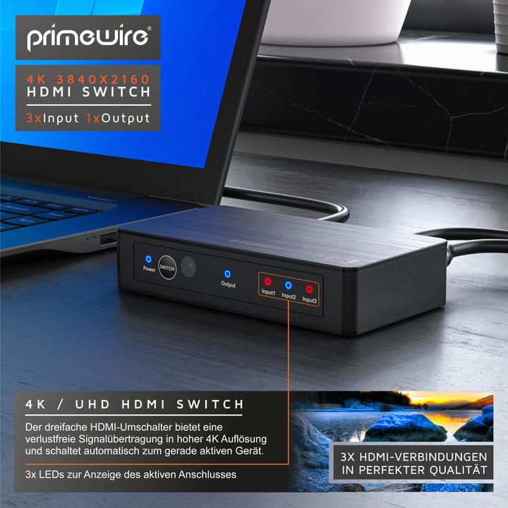 Immagine prodotto Primewire Switch HDMI 2.0b a 3 porte, distributore 4k 60Hz UHD, Ultra HD 4096x2160 HDR, telecomando