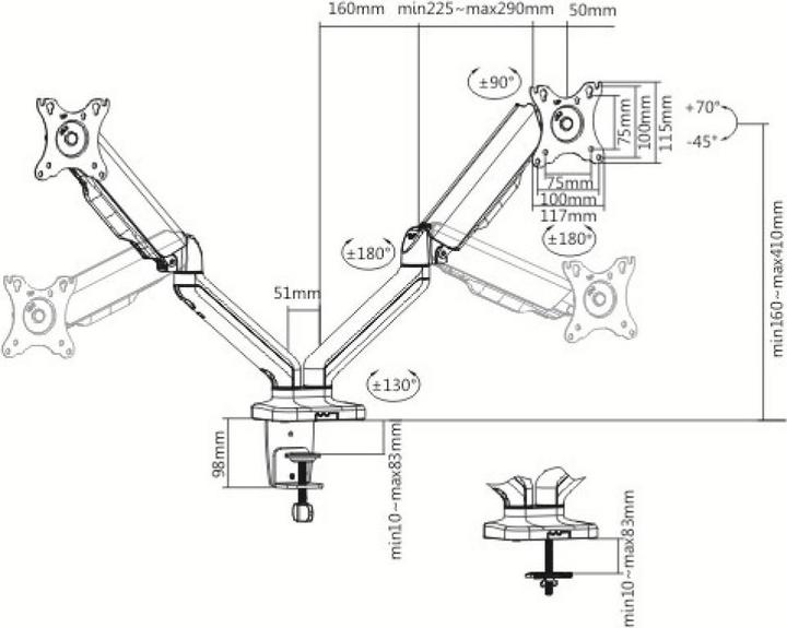 Immagine prodotto Techly Supporto da scrivania per 2 TV LCD LED 43-81cm 17-32inch morsetto a molla a gas nero (Tavolo, 32")