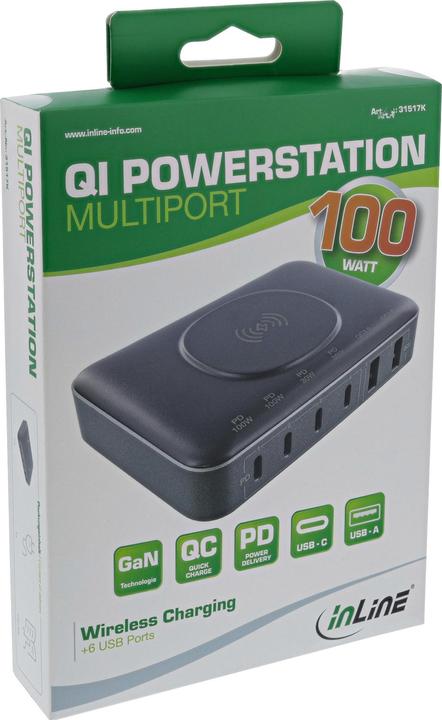 Produktbild InLine Qi Powerstation Multiport, Netzteil, Ladegerät, 4x USB Typ-C, 2x USB Typ-A, GaN, 100W, Wirel (100 W)
