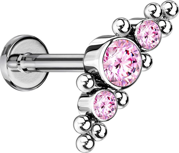 Actual product image Star Piercing Micro Threadless Labret silver centre with balls and three crystals pink (Brass, Titanium G23without brass)