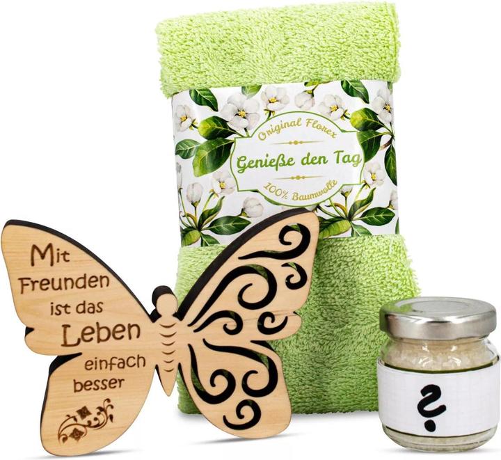 ZNatur Geschenkset Zirben Holz Schmetterling mit Gravur Mit Freunde Badesalz & Tuch No.25 (Körperpflegeset)