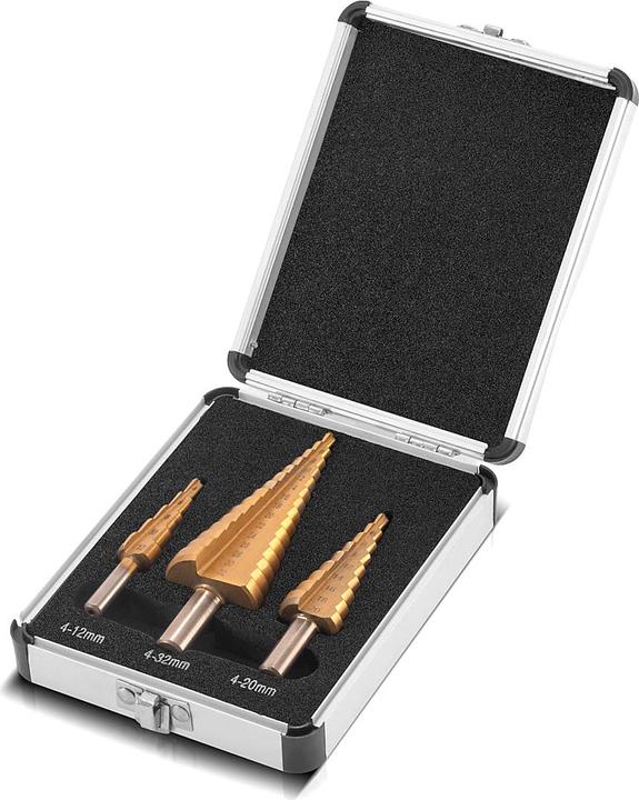 Immagine prodotto Stahlwerk Set di 3 punte per trapano a gradini in HSS con rivestimento TiN e scatola in alluminio (4-12 mm, 4-20 mm, Ø 4-32 mm)
