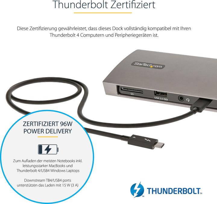 Produktbild StarTech com TB4CDOCKUE, Cablato, Thunderbolt 4, 96 W, 10,100,1000 Mbit/s, Nero, Grigio, MMC, MicroS (Thunderbolt, 3 Ports)