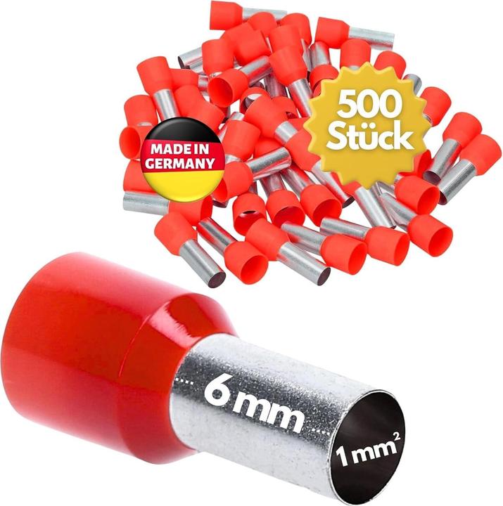 Kalitec 500 pezzi AE106RT Capicorda isolati da 1,0 mm² lunghi 6 mm rossi I Made in Germany I Qualità