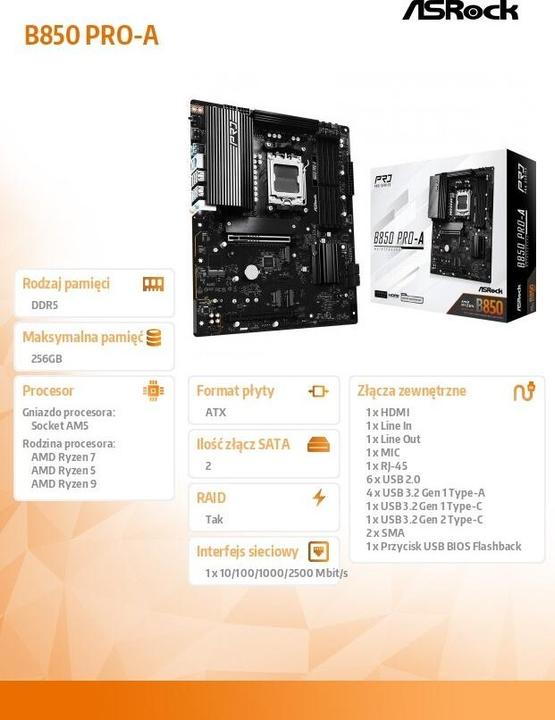 Produktbild AsRock B850 Pro-A (AM5, AMD B850, ATX)