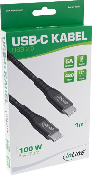 Immagine prodotto InLine Cavo USB 2.0, cavo di ricarica rapida USB-C plug/plug 100W, tessuto nero, 2m (2 m, USB 2.0)