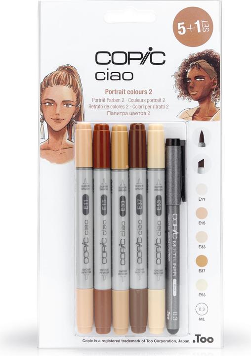 Actual product image Copic Marker ciao, 5+1 Set "Portrait 2 (Beige, Sand brown, Sepia, Brown, 0.30 mm, 6 x)