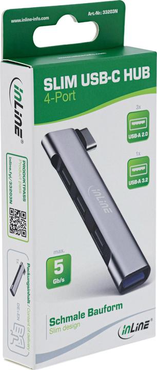 Produktbild InLine Slim USB-C Hub, 4-Port, USB 3.0 + 3x USB 2.0, schmale Bauform (USB-C, 4 Ports)