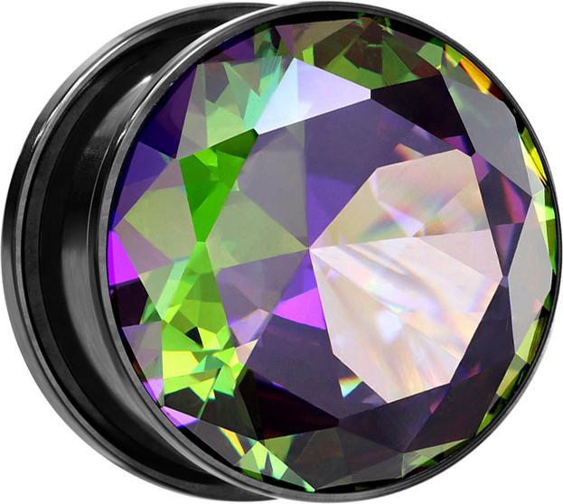Produktbild Star Piercing Flesh Plug schwarz mit grossem Kristall multicolor dunkel (ohne Messing, Chirurgenstahl 316L)