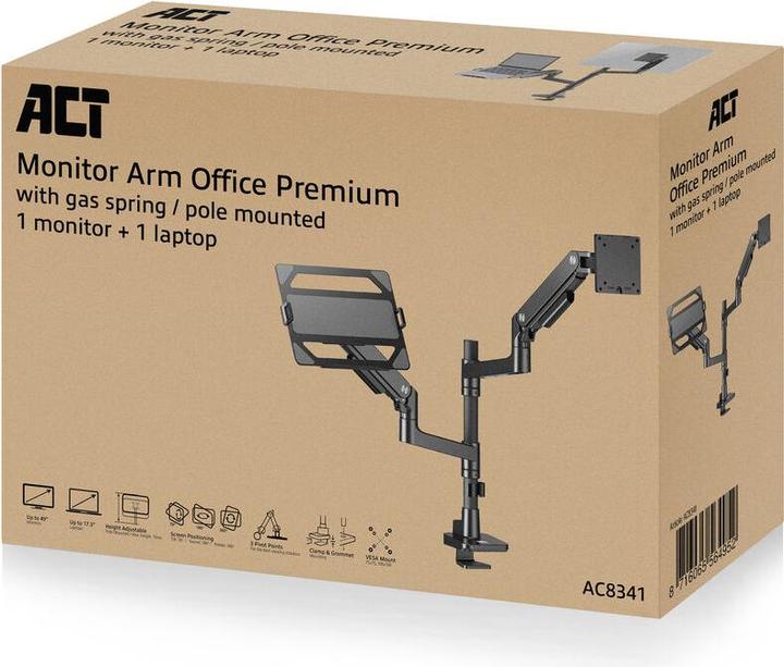 Produktbild Single monitor arm and laptop arm office premium, with gas spring, pole mounted (Tisch, 49")