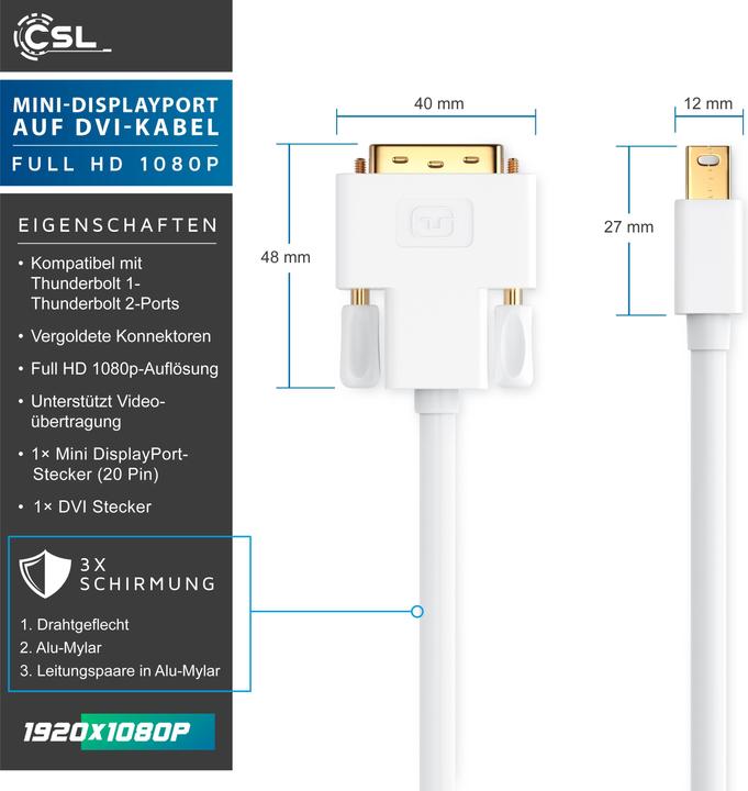 Actual product image CSL Mini DisplayPort to DVI Video Cable, miniDP Monitor Adapter Cable, for Apple, PC's & Notebooks (5 m, DisplayPort, DVI)
