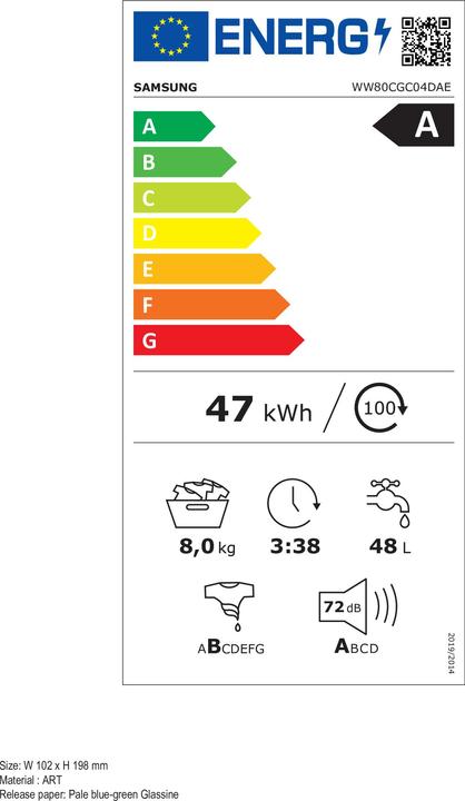 Energie-Label Samsung Crystal Clean 8 kg Waschmaschine WW80CGC04DAEET (8 kg, Links)