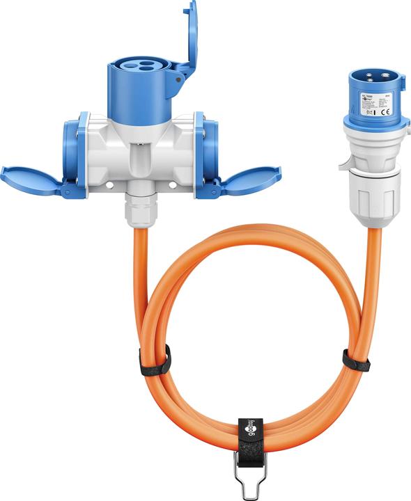 Produktbild Goobay CEE-Adapterleitung, CEE-Stecker auf 1x CEE-Kupplung und 2x Schutzkontakt-Kupplung, 10 m (10 m, CEE 7/3)