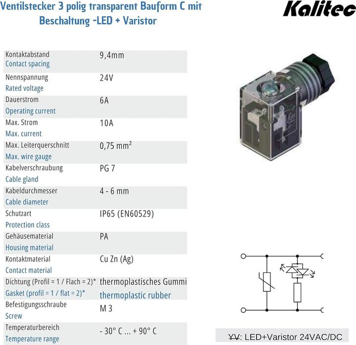 Produktbild Kalitec 3 Stück Ventilstecker Bauform C transparent 3 polig 24V mit Beschaltung I PG7 I LED+Varistor