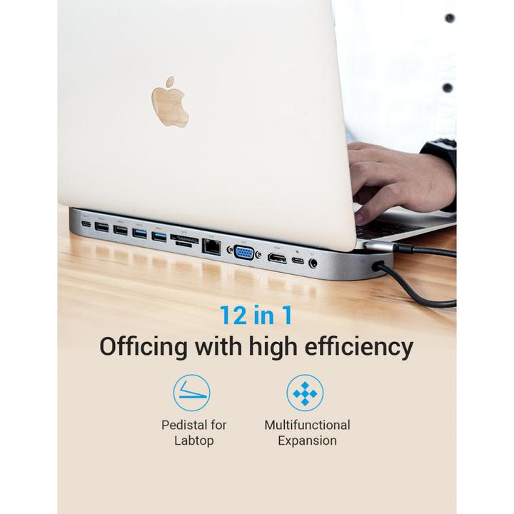 Actual product image Vention docking station 12 in 1: USB-C to HDMI/USB2.0 x 2/USB3.0 x 2/VGA/USB-C/RJ45/SD/TF/audio 3.5mm/PD 0.1 (USB-C, 12 Ports)