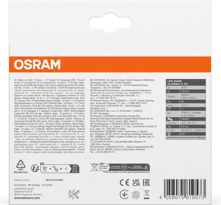 Produktbild Osram Led Base Classic A (E27, 10.50 W, 1060 lm, 3 x, F)