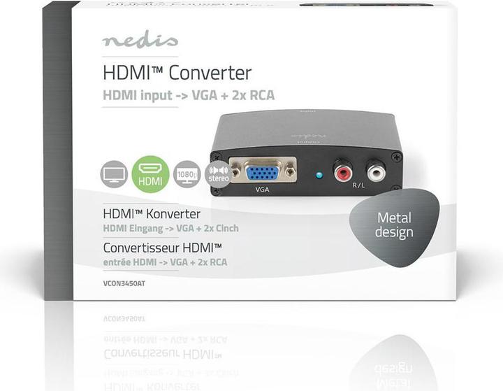 Produktbild Nedis HDMI T Converter HDMIT Eingang VGA Female / 2X Cinch Buchse 1-Weg 1280x768 1.65 Gbps Aluminium (0.07 m)