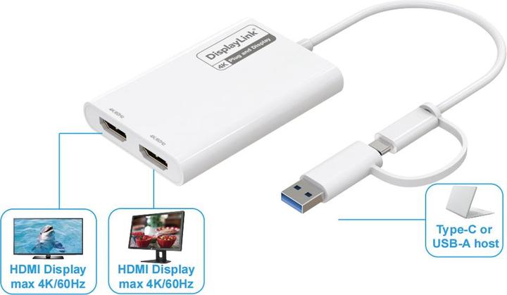 Produktbild Roline Adaptateur USB-C/A double HDMI DisplayLink, 4K60 (USB Typ-C, HDMI, 18 cm)