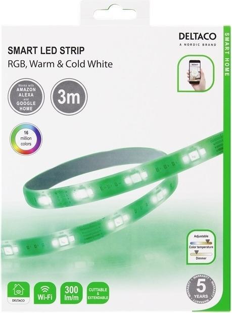 Actual product image Deltaco LED strip, 3 meter, RGB, 2700K-6500K, white (Multicoloured, 300 cm, Indoor, Outdoor)