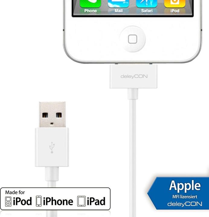 Actual product image deleyCON 30Pin Dock-USB cable 2m, white (2 m, USB 2.0)