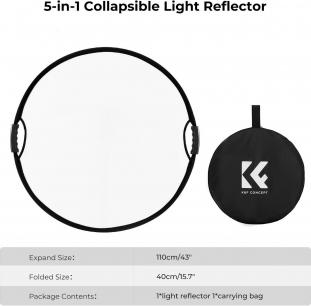 Actual product image K&F Concept 5 in 1 Circular Photography Reflector 107cm with Handle Grip Gold Sliver Black White Translucent Pa (110 cm)