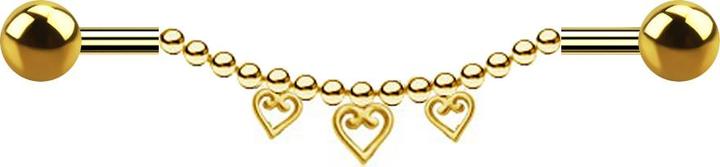 Star Piercing Barbell vergoldet zwei Kugeln Kette drei Herzen (ohne Messing, Chirurgenstahl 316L)