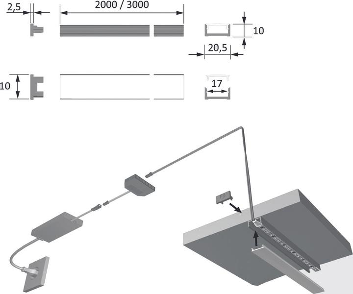 Actual product image Halemeier LED recessed/mounted profiles ChannelLine D with light screen