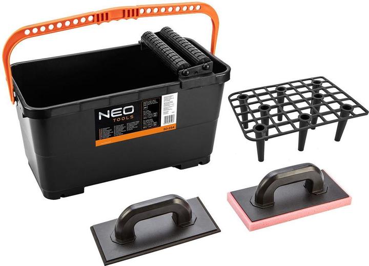 Neo Set per la posa delle piastrelle: contenitore con griglia e rulli da 24 l, spatola in gomma, spugna