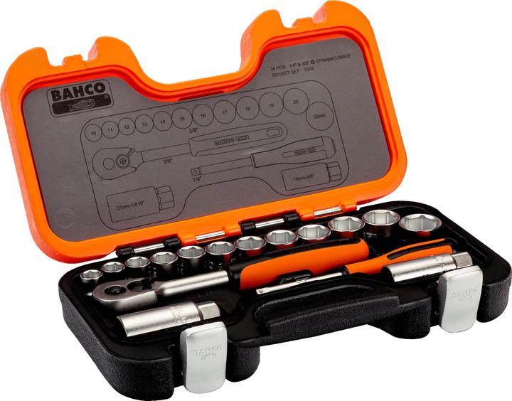 Image du produit Bahco 1/4"- und 3/8"-Steckschlüssel-Satz, metrisch, Sechskant, inklusive Umschaltknarre - 34-teilig (3/8")
