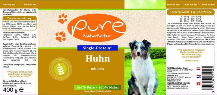 Nährwerte und Zutaten Pure Naturfutter Hundemenü Huhn & Reis (Adult, 1 Stk., 400 g)