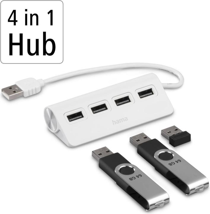 Actual product image Hama USB-A hub, 4 ports, USB 2.0, 480 Mbit/s, white (USB-A, 4 Ports)