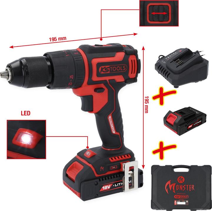 Produktbild KS Tools eMONSTER Brushless-Akku-Schlag-Bohr-Schrauber-Satz, 4-tlg | 18 Volt, 2 Akkus und Ladegerät (Akkubetrieb)