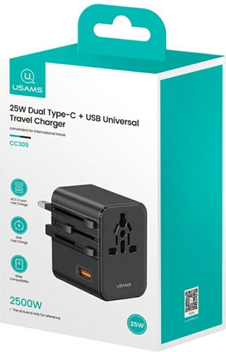Produktbild Usams Travel Charger Adapter CC309 2xUSB-C 25W 4in1 US/AU/EU/UK black (25 W)