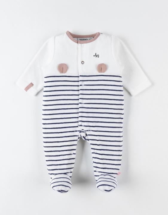 Actual product image Noukies Romper suit velour striped with bear ears ecru/navy size 74 (74)