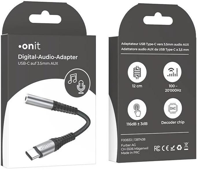 Image du produit Onit Adaptateur audio numérique USB-C vers 3,5 mm AUX (Numérique -> Analogique)