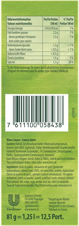 Valeurs nutritives et ingrédients Knorr Sauce claire barre de cubes, idéale pour le portionnement, pour la soupe & les sauces (93 g)