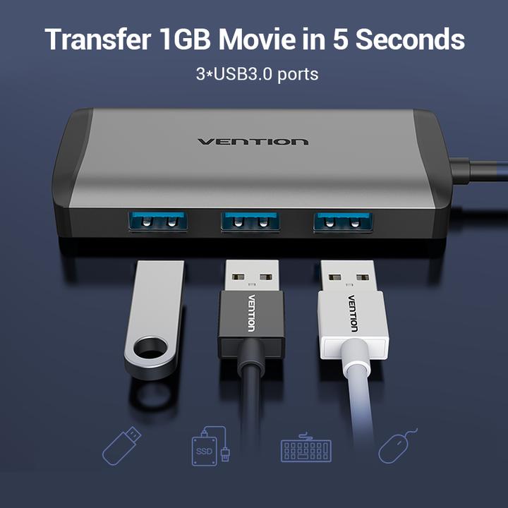 Actual product image Vention USB-C Docking Station to HDMI, 3x USB3.0, RJ45, PD 0.15m CNCHB, grey (USB-C, 4 Ports)