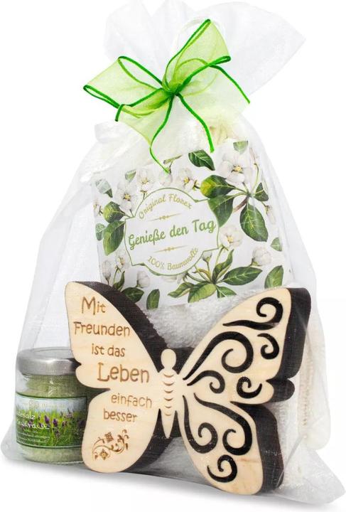 Produktbild ZNatur Geschenkset Zirben Holz Schmetterling mit Gravur Mit Freunde Badesalz & Tuch No.38 (Körperpflegeset)