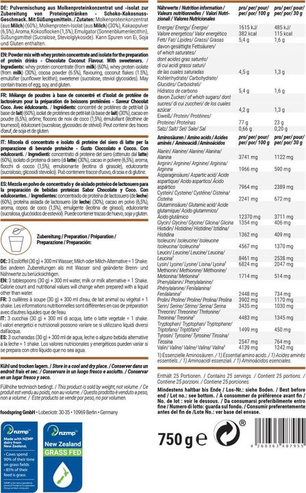 Valeurs nutritives et ingrédients Foodspring Protéine de lactosérum (Chocolat-noix de coco, 1 pcs, 750 g)
