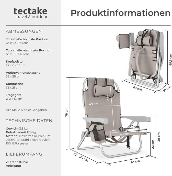 Produktbild tectake Strandstuhl Coral, klappbar mit Rucksackfunktion