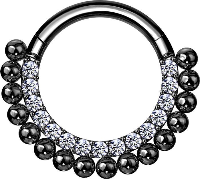 Star Piercing Micro Segmentring klappbar schwarz front Kristalle silber und Kugeln (Chirurgenstahl 316L, ohne Messing)