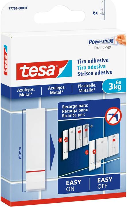 Produktbild tesa Powerstrips für Fliesen & Metall, 3kg Halteleistung, 6x doppelseitige Klebestreifen